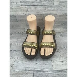 FitFlop Brown Two Strap Embellished Gold Accent Comfort Slide Sandals US 8 EU 39